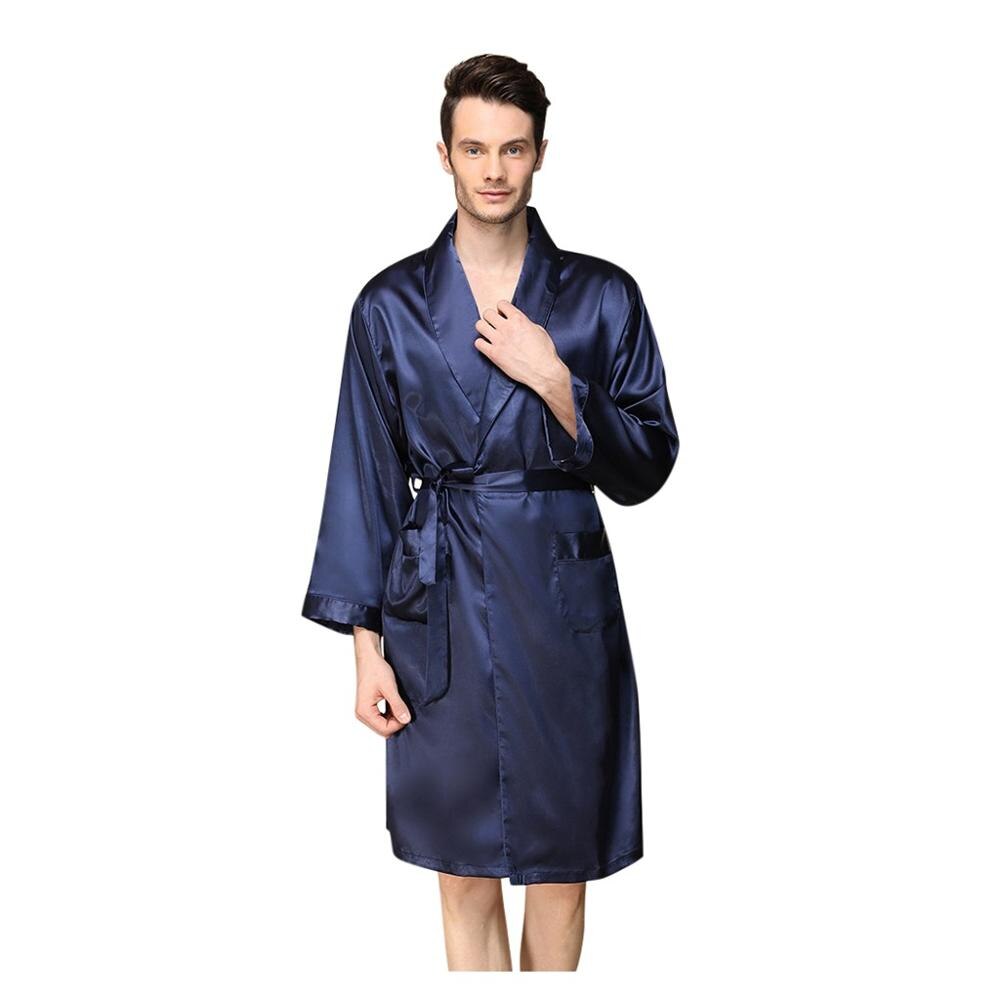 Homme Satin de soie peignoir Robe longue solide soie pyjama hommes soie chemise de nuit vêtements de nuit kimono homme amant Robe de chambre: Bleu / XL