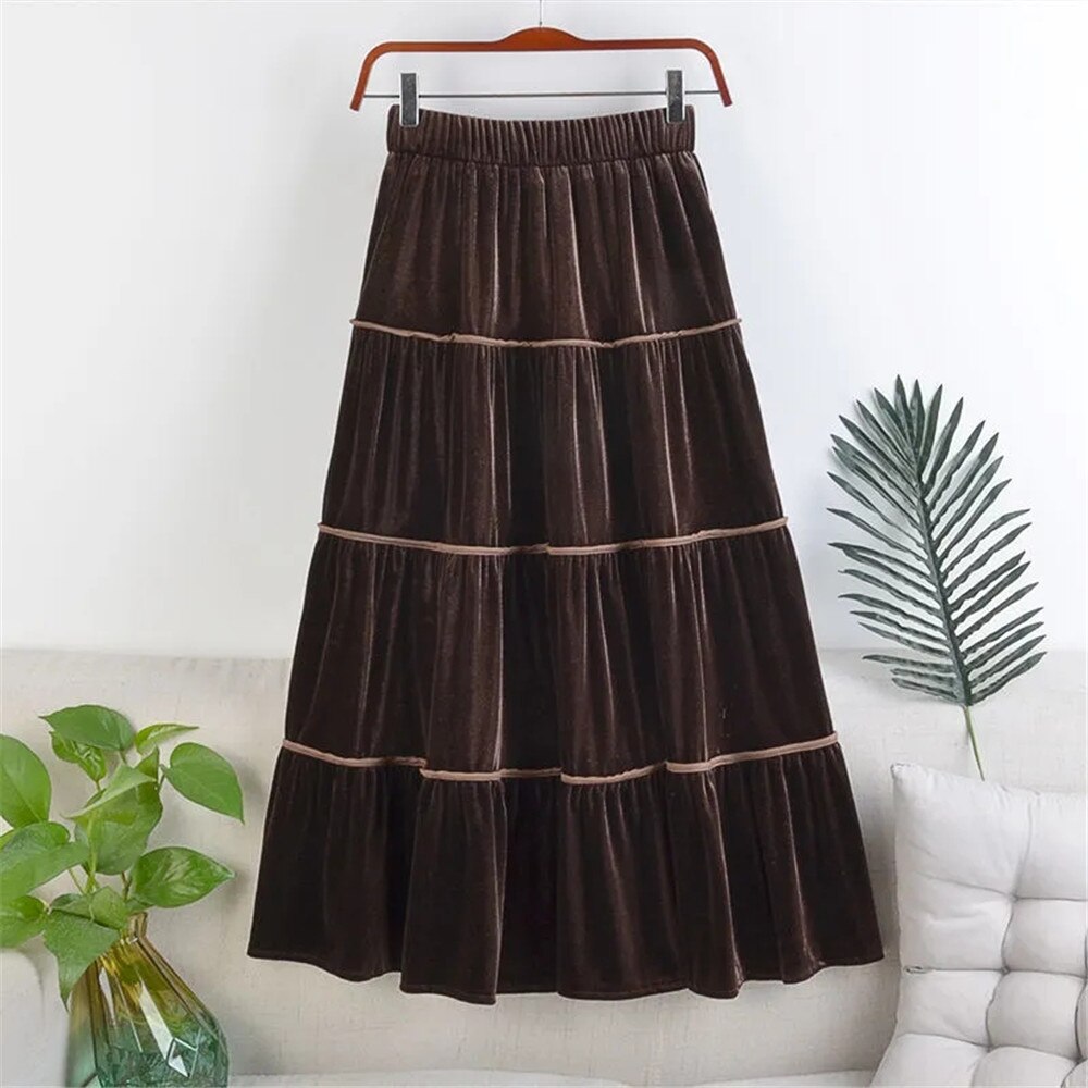 Falda plisada de costura de terciopelo para mujer, falda larga de cintura alta elástica, pastel, coreano, otoño e invierno, negro cálido: Castaño / XL