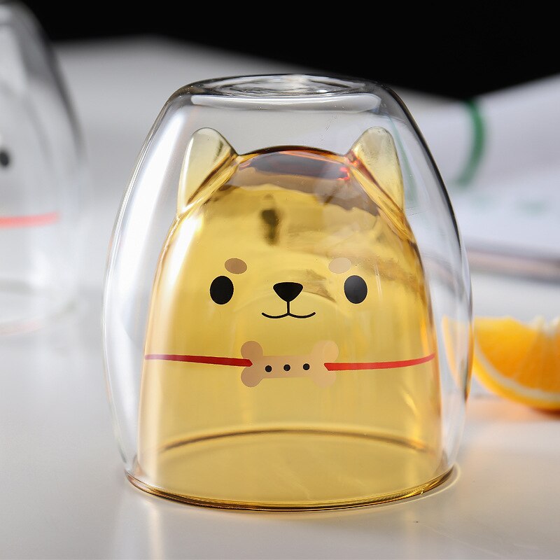 Dubbellager kaffemugg söt shiba inu glas tecknad barnmjölkkopp dam mjölk tekopp nät röd shiba inu kul glas: Gul shiba inu