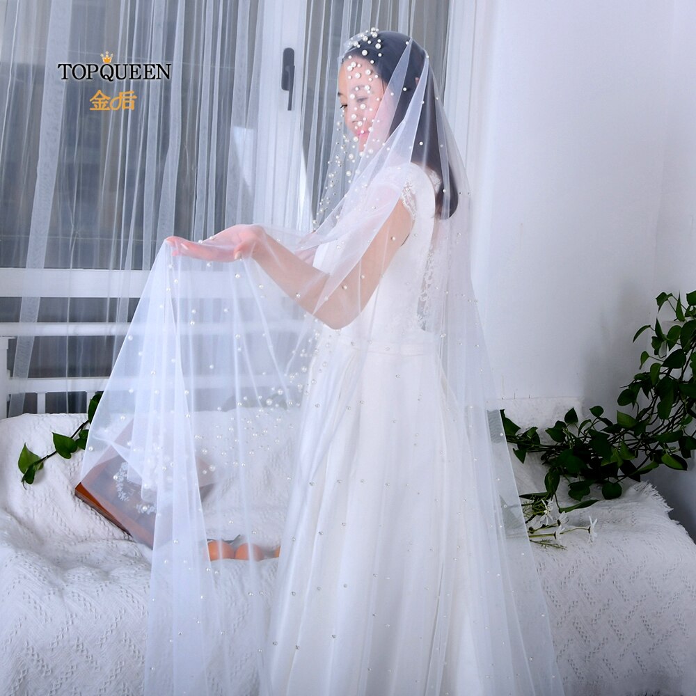 TOPQUEEN V66 Luxury Bridal Veil with Pearls Cathedral Veil Bride 3 Meters Spanish Mantilla Church's Veil Ivory Wedding Long Veil
