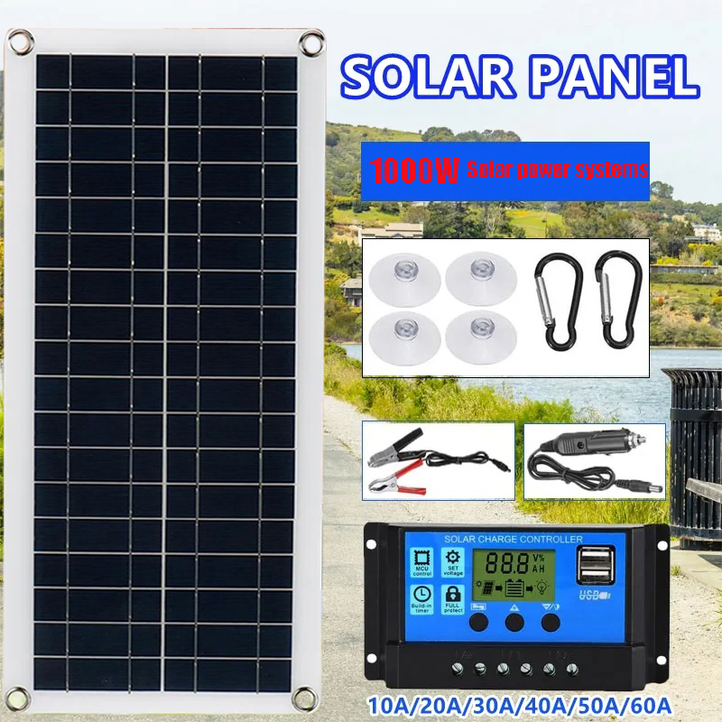 1000W Inverter Solar Panel 12V Solar Battery 10A 60A Controller Solar Panel Kit Mobile Phone RV Car Caravan Home Camping Outdoor