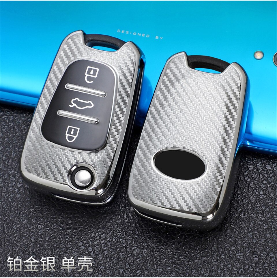 3 boutons en Fiber de carbone TPU voiture à distance clé à rabat housse coque gousset pour Hyundai I30 IX35 Verna pour KIA Sportage Sorento Rondo Soul RIO: Sliver