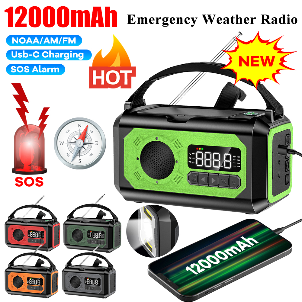 Radio de emergencia portátil AM/FM/NOAA de 12000mAh con 2 paneles solares Radio meteorológica de manivela con linterna para supervivencia al aire libre
