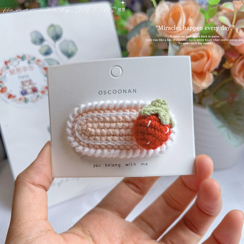 Pinzas para el cabello de fresa de ganchillo hechas a mano para niñas recién nacidas, horquillas a presión de hilo de algodón, horquillas rojas, pasadores BB para niños: Rosa