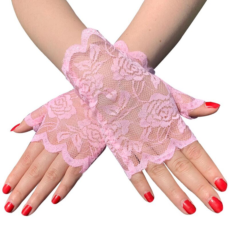 Best Sailor Dance Long Fingerless Womens Sexy Lace Gloves Ladies Half Finger Fishnet Gloves Heated Mesh Mitten Handschoenen: pink