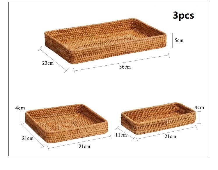 Rotting serveringsbrickor vävd bröd förvaring korg korg tallrik hanterar frukost dricka mellanmål soffbord frukt arrangör display: Efterrätt -3pc