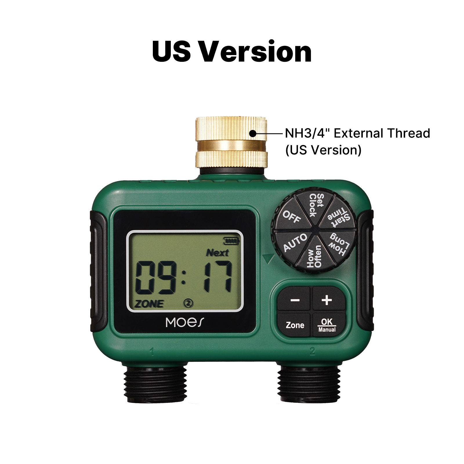 MOES Water Timer 2-Outlet Brass Inlet IPX5 Waterproof Rotary Knob Button Control With LCD Display Screen Rain Delay Child Lock: Default Title