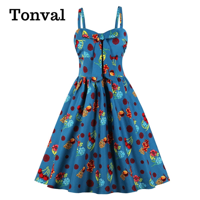 Tonval flerfarvet print sløjfe foran 50s vintage højtaljede plisserede kjoler til kvinder spaghetti rem fest pinup kjole
