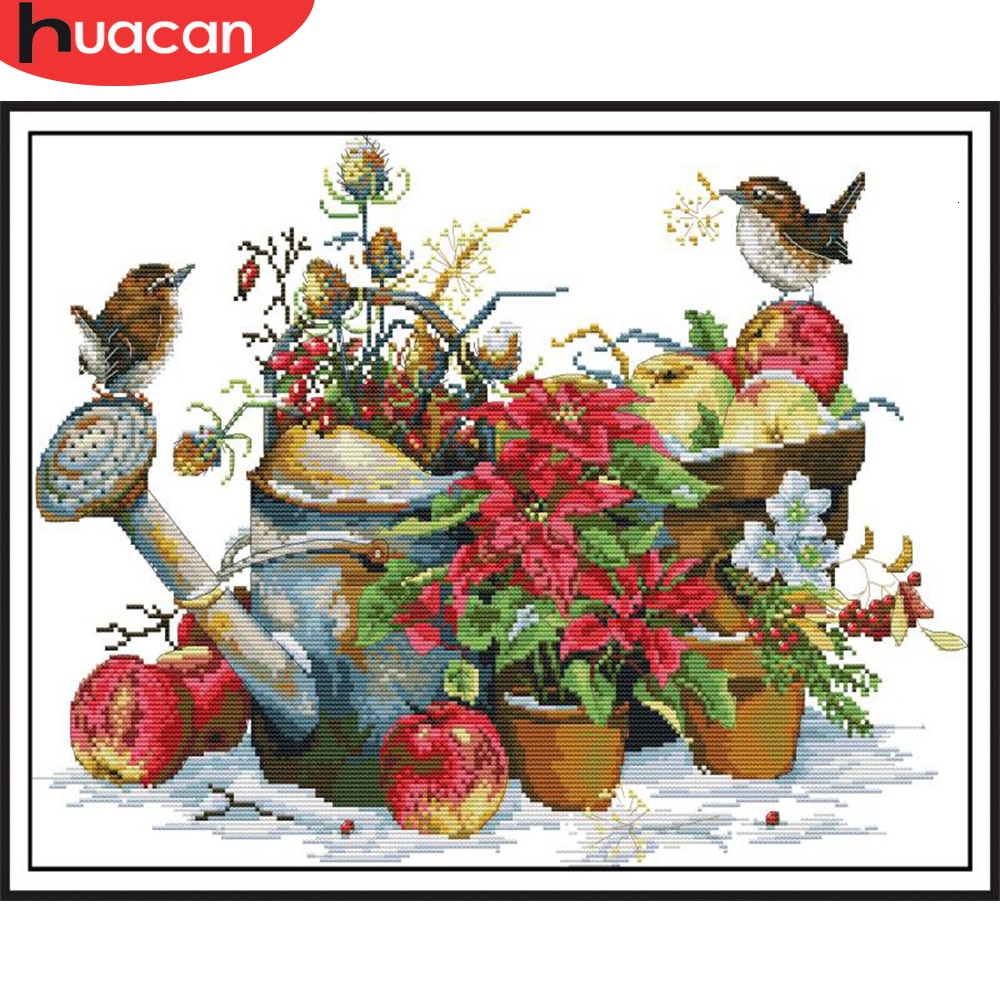 Huacan broderi korsstygn fågel djur handarbete set blomsatser vit duk gör-det-själv heminredning 11ct 14ct