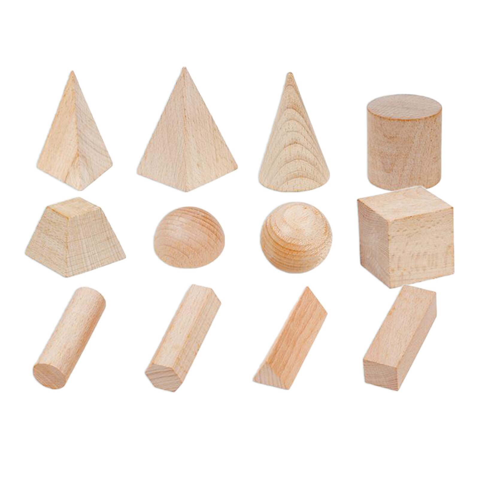 12 pz/set Fine di Legno Blocchi di Forma Geometrica di Colore Naturale di Matematica di Compleanno Per Bambini Giocattolo Regalo di Mezza Età 3 +