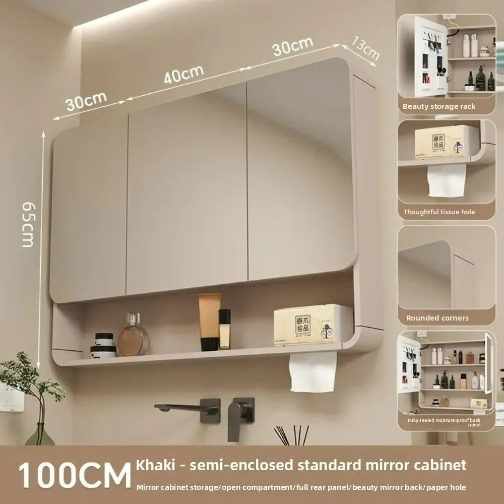 LED Bathroom Mirror Cabinet Anti Fog Wall Mounted Storage Mirror Carbon Fiber Rounded Corner Makeup Mirror