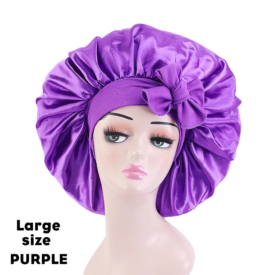 Satin Bonnet Silk Bonnet With Elastic Tie Band Large Adjustable Straps Hair Bonnet Jumbo Size For Sleeping Curly Braid Hair: L PURPLE
