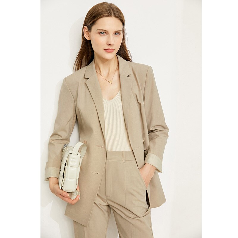 Amii-Conjunto de dos piezas minimalista de oficina para mujer, chaqueta, abrigo, pantalones de cintura alta, traje femenino, 12160022: khaki coat / M
