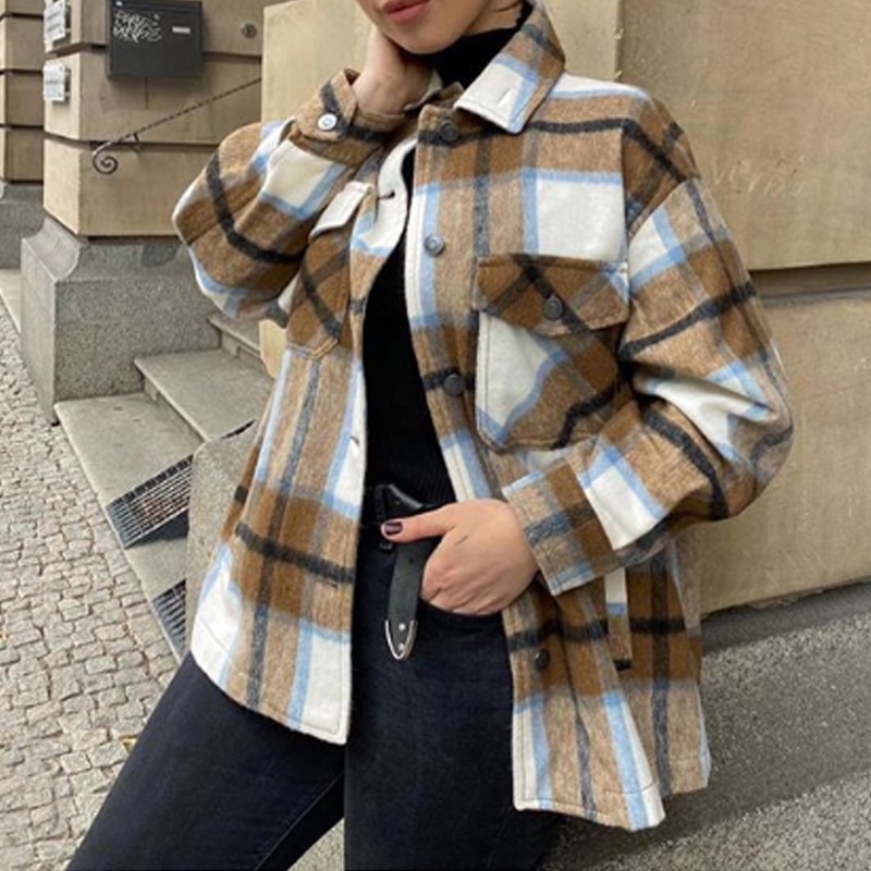 Vintergrön rutig jacka kappa dam streetwear långärmad tjock ullrockficka överdimensionerad lapel höstskjortor kappor
