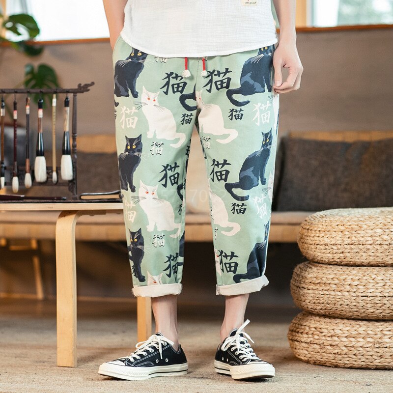 Mænd japansk vintage stil dejligt print kimono kat bukser samurai haori haram bukser harajuku asiatisk tøj yukata: Farve 2 / 3xl
