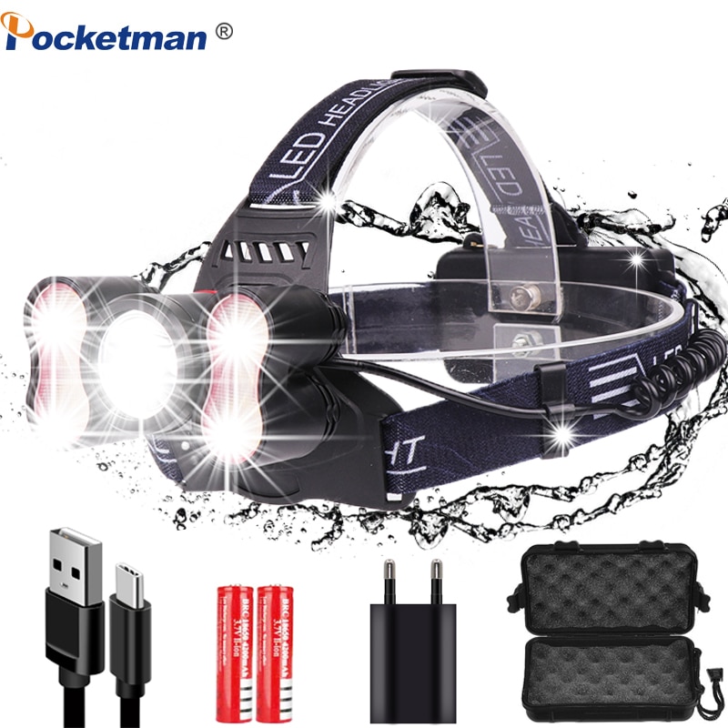 5000LM Ultra Bright LED Headlamp 5 LED Headlight 4 modes Head lamp Rechargeable Light Sensor Use 18650 For Outdoor & Indoor