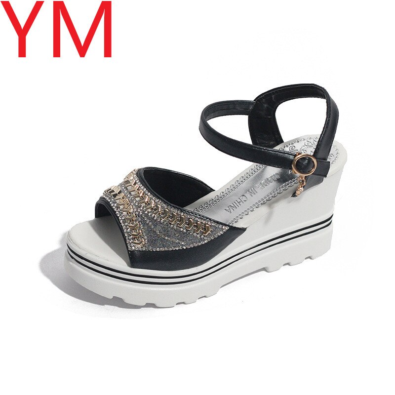 Rom kvinnor sandaler casual wedge sandaler sommar peep toe ankelrem med häl plattform pump kristall arbete kvinnor skor