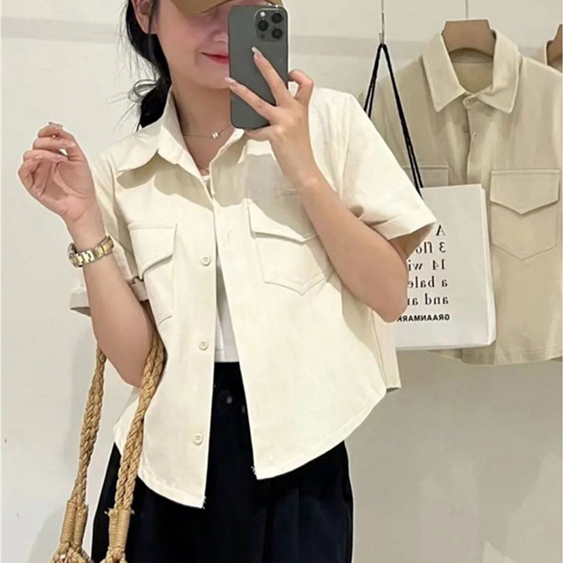 Koreanske kortærmede lyserøde skjorter til kvinder sommer løs knappet cropped frakke dame vintage enkel all-match bluse dame: Xl / Blandet farve