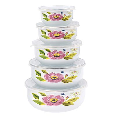 5 Pcs Emaille Ijs Kom Mixing Bowls Met Afdichting Deksel Emaille Kommen Pak Set Behoud Set Ice Box Mini Rijst kom 10-18 Cm Emaye: Green