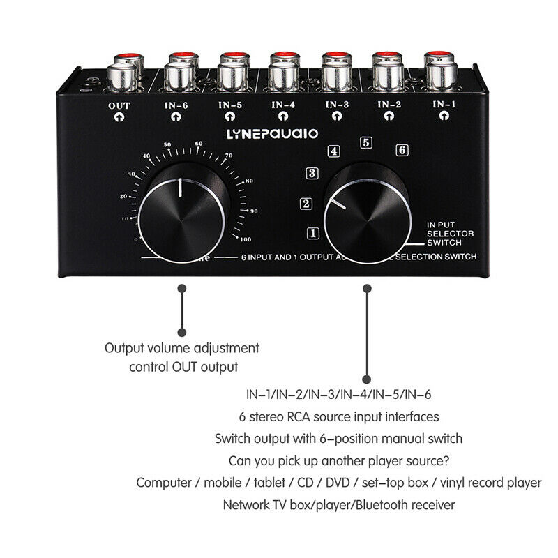 Conmutador de 6 entradas y 1 salida, Selector de fuente de Audio RCA, Selector de señal de entrada de Audio con ajuste de volumen