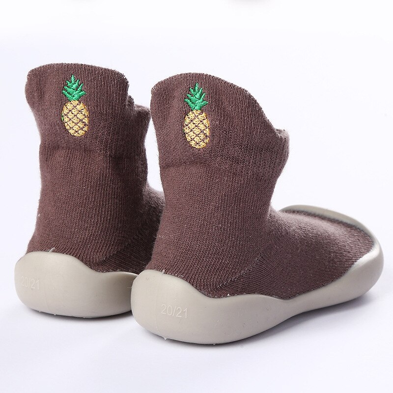 Baby Shoes First Shoes Cute Fruit Embroidery Toddler Shoes First Walker Boys Girls Soft Rubber Sole Kids Anti-Slip Booties: Brown / 14.5cm Inside 24-25