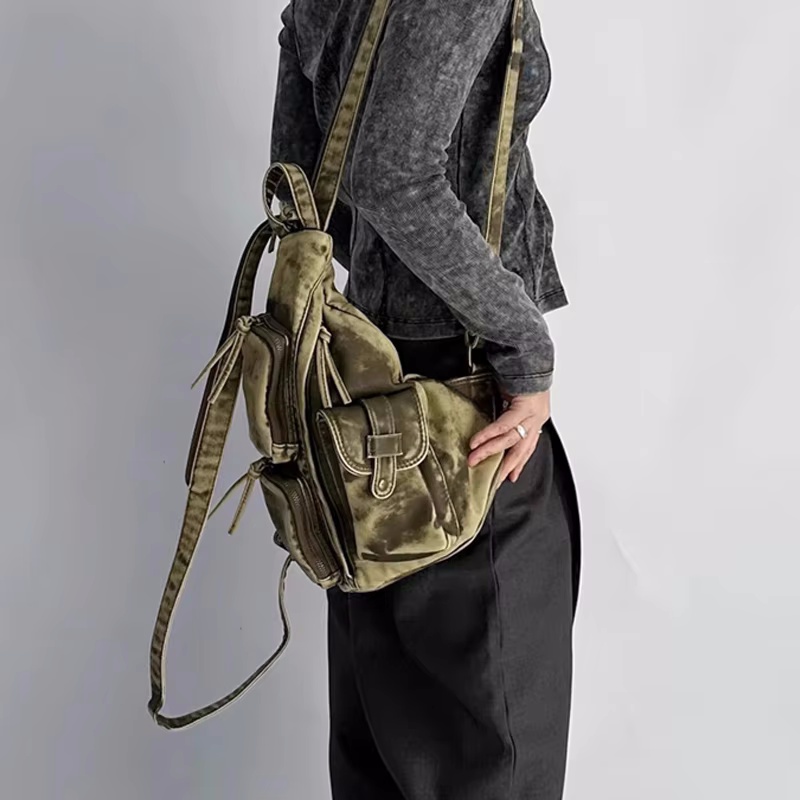 Annmouler Backpacks for Women Soft Washed Letaher Sling Chest Bag Vintage Multi-pockets Punk Style Small Bag