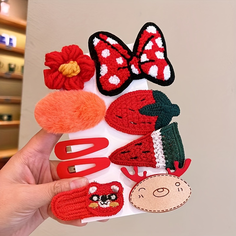 9/10 pçs inverno de pelúcia pino de cabelo bonito floral arco presilhas para meninas bebê headwear meninas crianças acessórios para o cabelo princesa grampos de cabelo: Vermelho