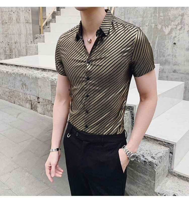 Mwxsd nachtclub heren gestreepte overhemden heren korte mouwen glanzend bronzing bedrukt slim fit overhemd heren casual slim fit overhemd