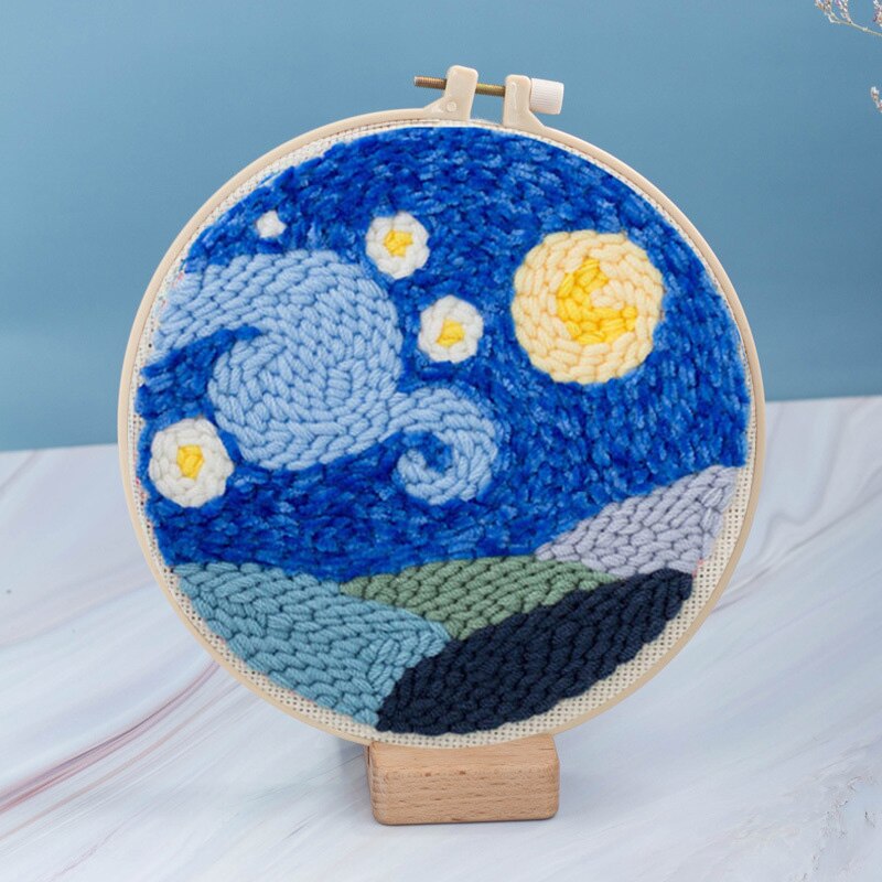 DIY Easy Punch Needle Embroidery Kit Needlework Landscape Cross Stitch for Beginner Handmade Sewing Wall Painting Home Decor: with Wooden tray  2 / Punch needle kit