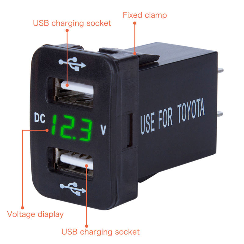 1pc 4.2A 12V Dual USB Car Charger Socket Voltmeter Power Adapter Fits For Toyota