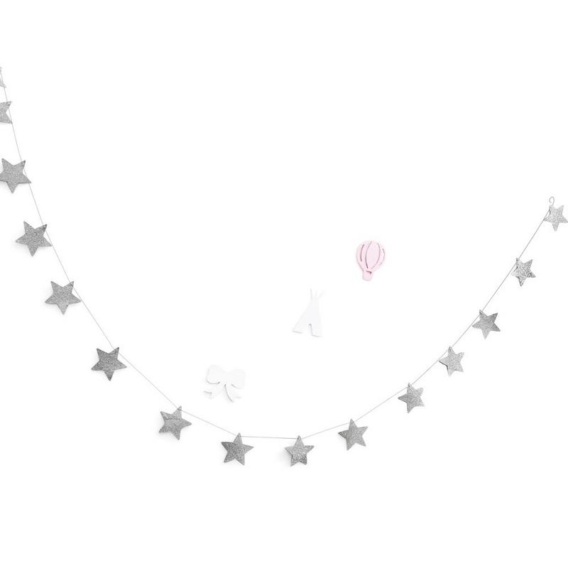 Stjärnor hängande dekoration girlander banderoll gnistrande stjärngirlander bunting för bröllop eller fester barnrum myggnät: Silver-