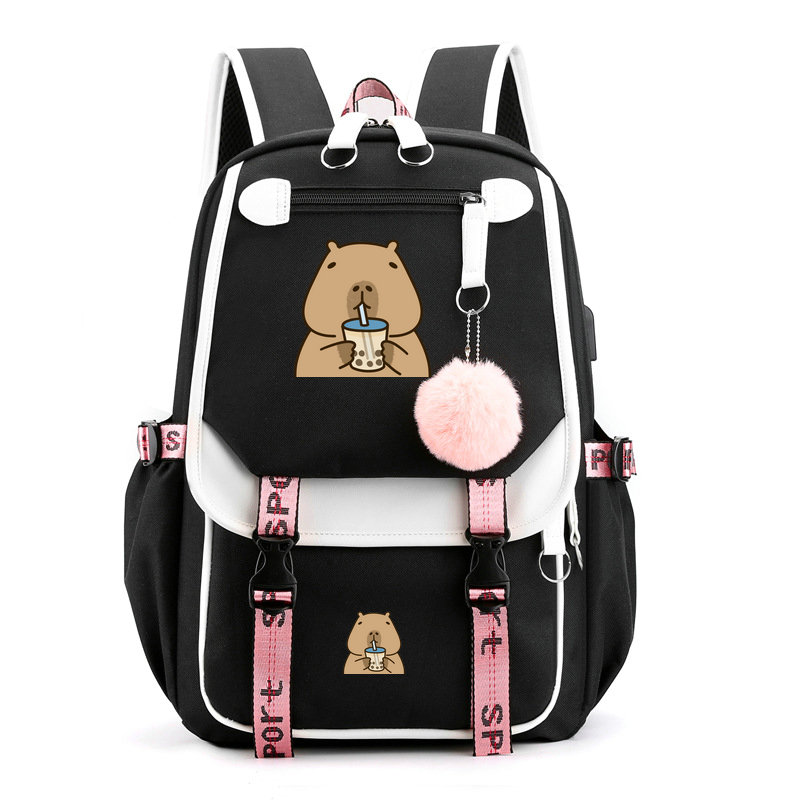 Mochila escolar para niños y adolescentes, mochila escolar Kawaii Capybara para niñas y niños, mochila para adolescentes, mochila con carga Usb: Beige