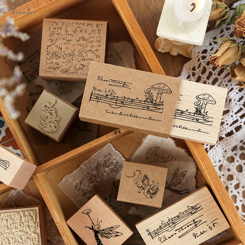 Sello XINAHER Vintage con movimiento de hongo para música, sellos de goma madera DIY para álbumes de recortes, papelería, sello estándar para álbum de recortes