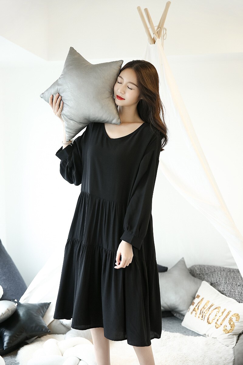 Summer Cool Long-sleeved Night Gowns Large Size Women Loose Style Solid Colors Blue Black Colors Home Night Gown Cotton