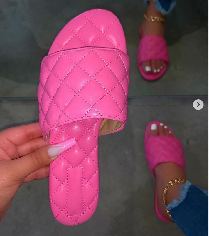 Brand Slippers Lattice Leather Women Sandal Open Toe Flat Casual Slides Summer Outdoor Beach Female Flip Flops: Pink / 39