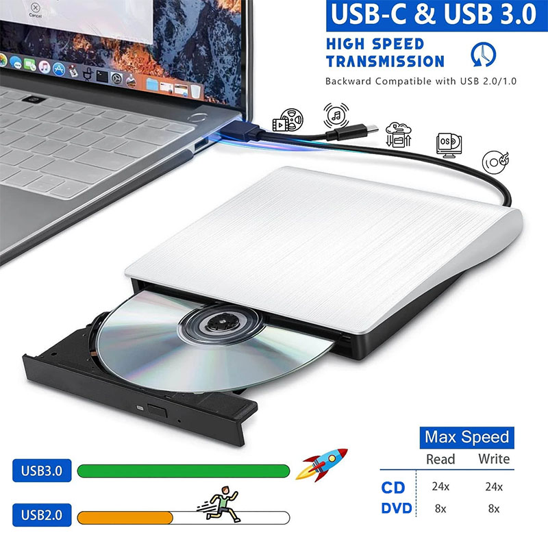 Unidade externa de cd dvd usb 3.0 tipo c portátil cd/dvd-/+rw player leitor de gravador unidade óptica para computador portátil windows 10 11 mac