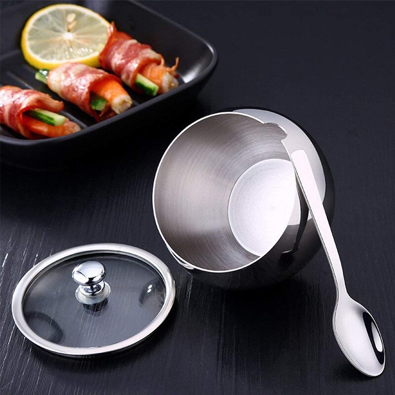 Kitchen Stainless Steel Sugar Bowl With Lid And Spoon Portable Sugar Box Container Cooking Sugar Seasoning Jar Storage Tools