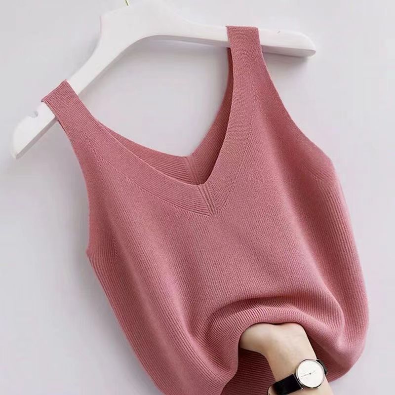 Plus Gebreide Tank Top V-Hals Ijs Zijde Mouwloze 2024 Zomer Kleding Vesten Voor Vrouwen Koreaanse Mode Losse Elegante Casual Cami Top: Roze