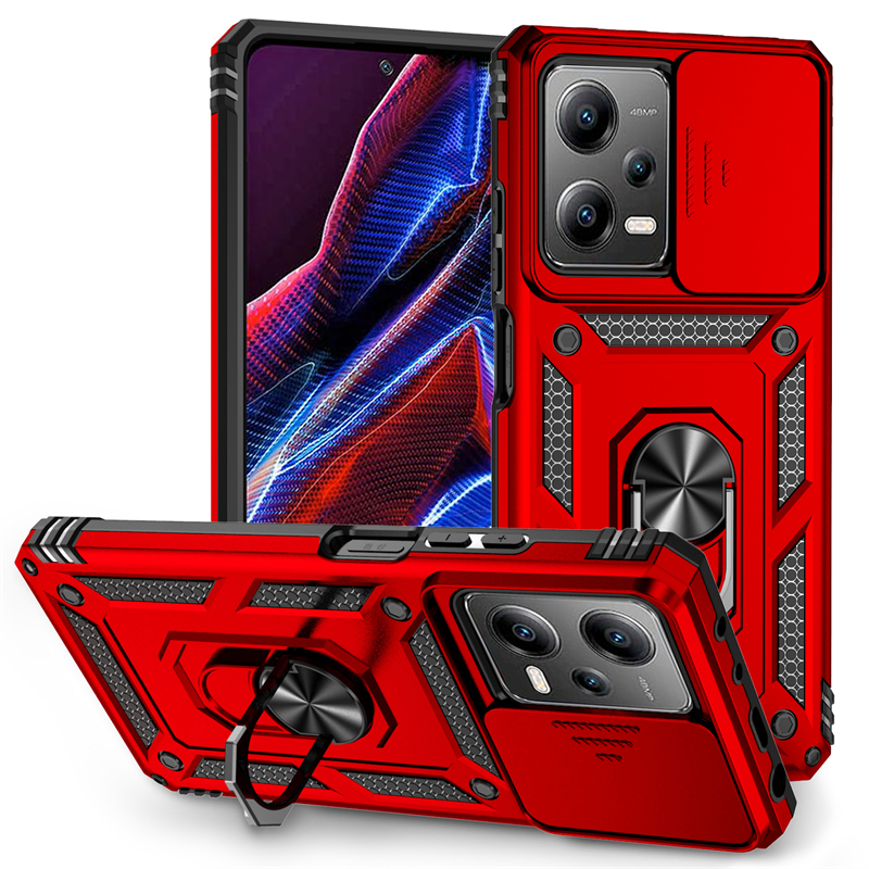 Voor Xiaomi Redmi Note 12 4G 5G Case Cover Shockproof Terug Slide Camera Lens Ring Houder Fundas Redmi Note 12 Pro 12Pro + 12S Case: Canvas / Rood