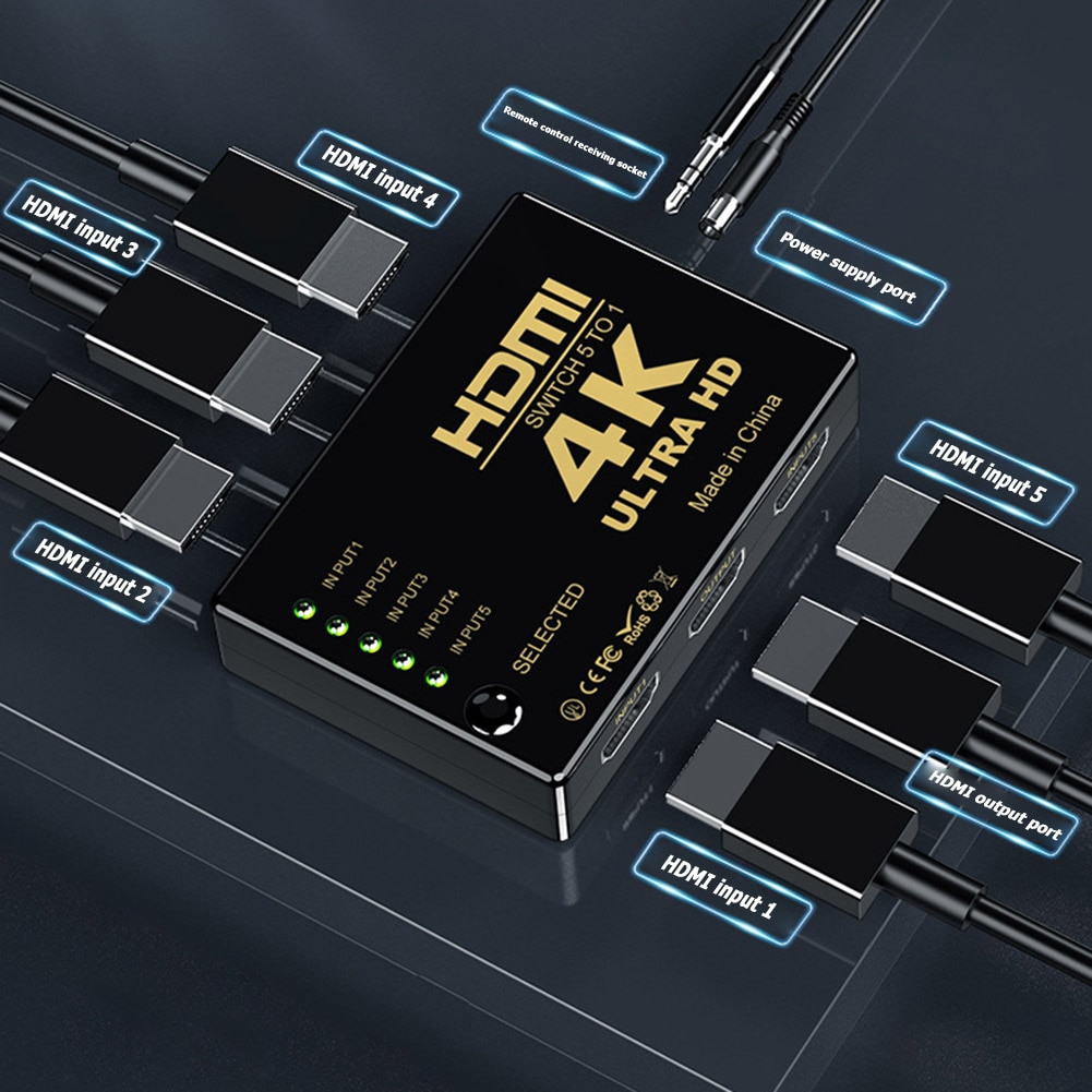 HDMI Splitter 5 Input 1 Output HDMI Switcher 4K x 2K HD Video Adapter for Smart HDTV