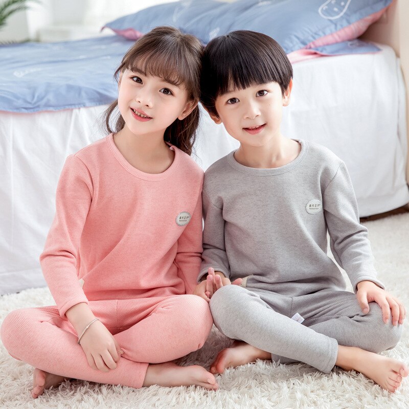 Winter Effen Kleur Katoen Kinderen Pyjama Sets Warm Baby Meisjes Jongens Kleding Jongen Meisje Plus Fluwelen Dikke Kids Nachtkleding