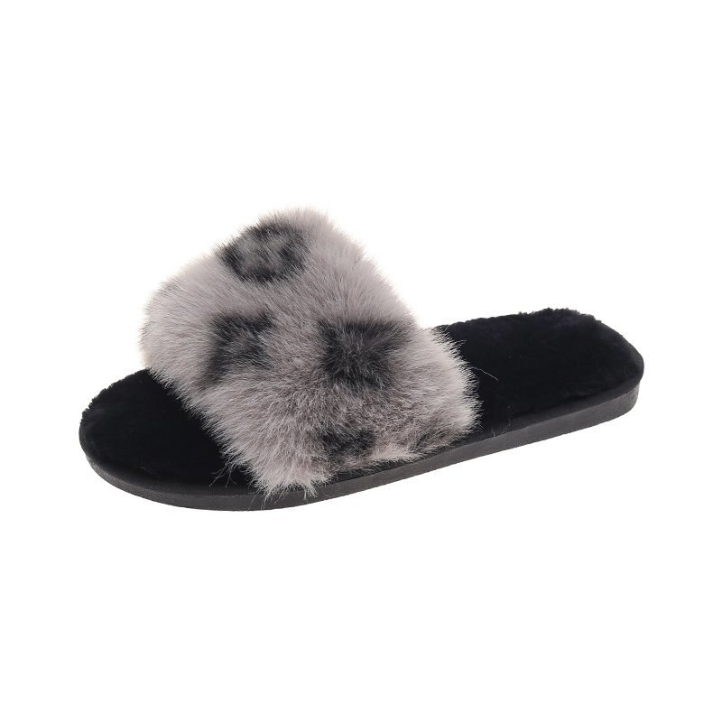 Varme sko kvinde vinter tøfler imiteret pels kvinder tøfler slip on flip flops pels tøfler kvindelige slides plus str.: Grå / 6.5
