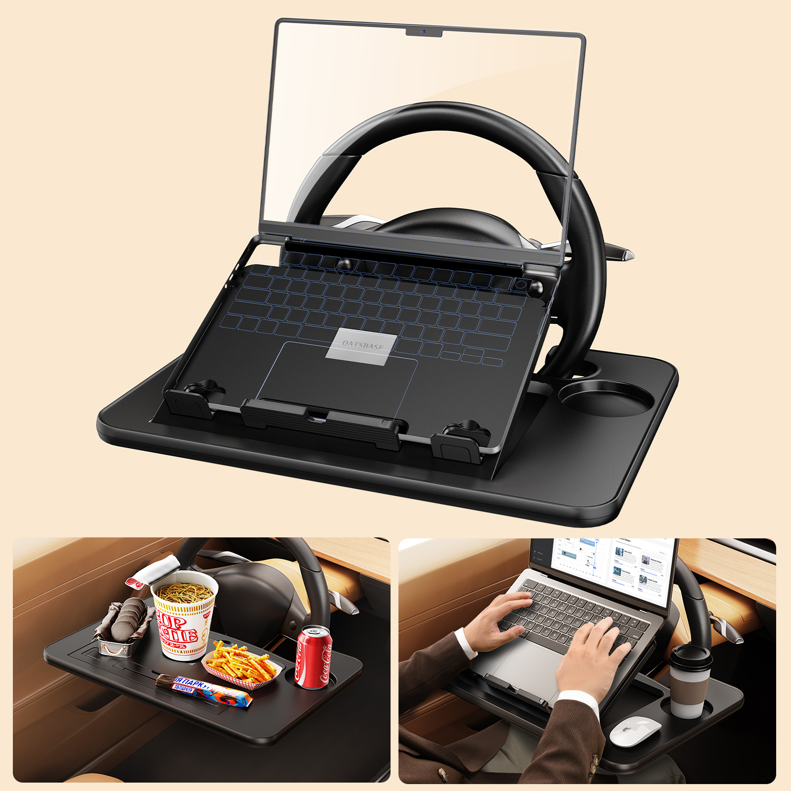 Hipacool Portable Car Laptop Computer Desk Mount Stand Car Steering Wheel Foldable Adjustable Tray Board Table for Work Eat Read