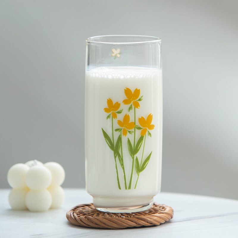 Taza de vidrio usada de Japón y Corea del Sur de 350ML, vaso de vidrio pintado a mano de flor de tulipán, taza de leche de café, taza gruesa impresa en amarillo