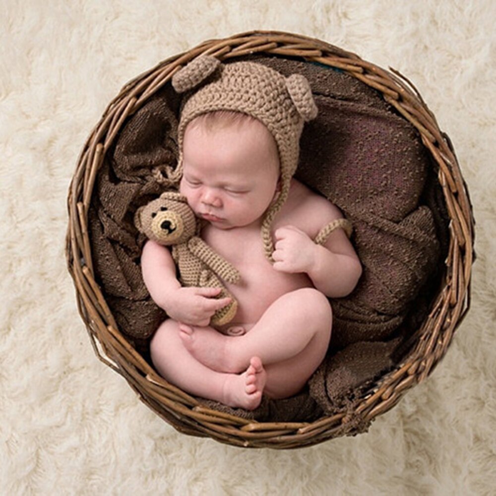 Nyfödda babyhattar fotografi rekvisita flickor pojkar virkade stickade dräkter med öronleksaker + hattar 2 st söta för baby