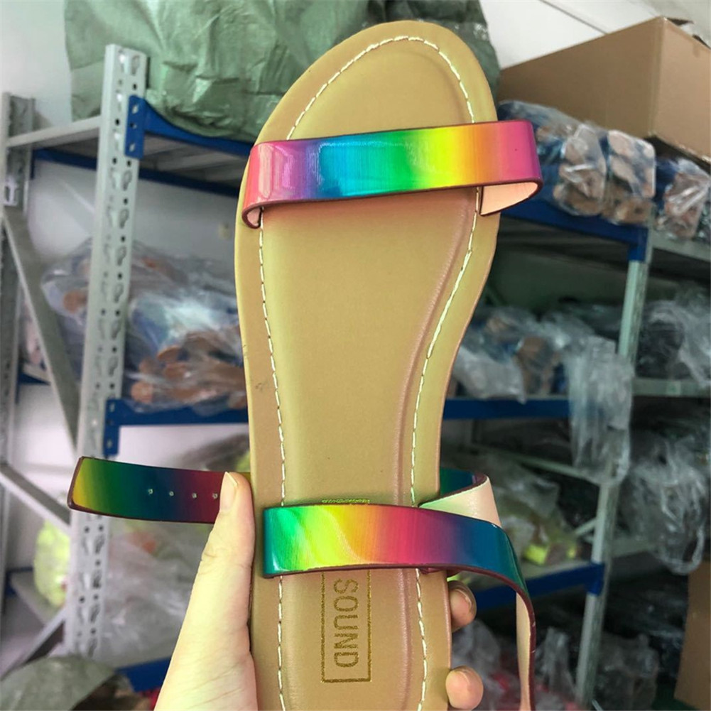 Sorphio Casual Lage Hak Strand Schoenen Vrouw Claissc Platte Hak Sandalen Vrouwen Ins Rainbow Metallic Sandalen
