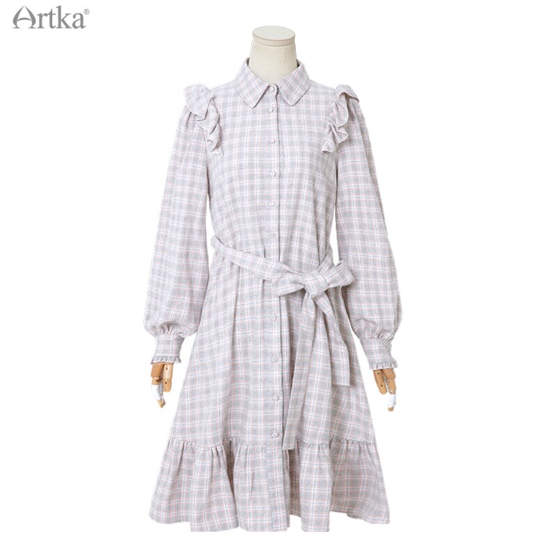 Artka Herfst Winter Vrouwen Jurk Elegante Ruches Plaid Shirt Jurken Lange Mouw Losse Lange Jurk Met Sjerpen LA22003D