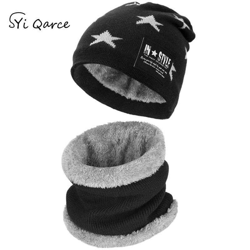 SYi Qarce 2 uds niños cálido invierno grueso sombrero de punto con bufanda conjunto Skullies gorros para niñas de 6-12 años de edad: Black