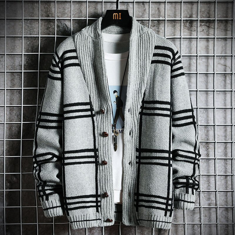 Huncher Heren Gebreide Vest Mannen Herfst Winter Trui Oversized Koreaanse Gestreepte Patchwork Vesten Zwart Truien Voor Mannen: Grey Cardigan Men / Asian-M