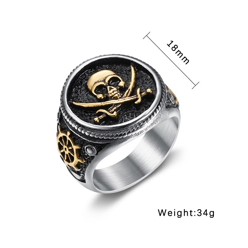 Vintage Men's Pirate Signet Double Knife Skull Ring Golden/Silver Color Stainless Steel Compass Goth Punk Ring